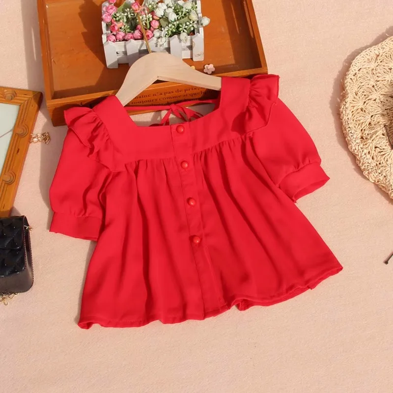 New Summer Puff Sleeve Blouse for Toddler Girls Korean Chiffon Short Sleeve Tops Children Pure Color Doll Shirt Clothes 10 12Yrs