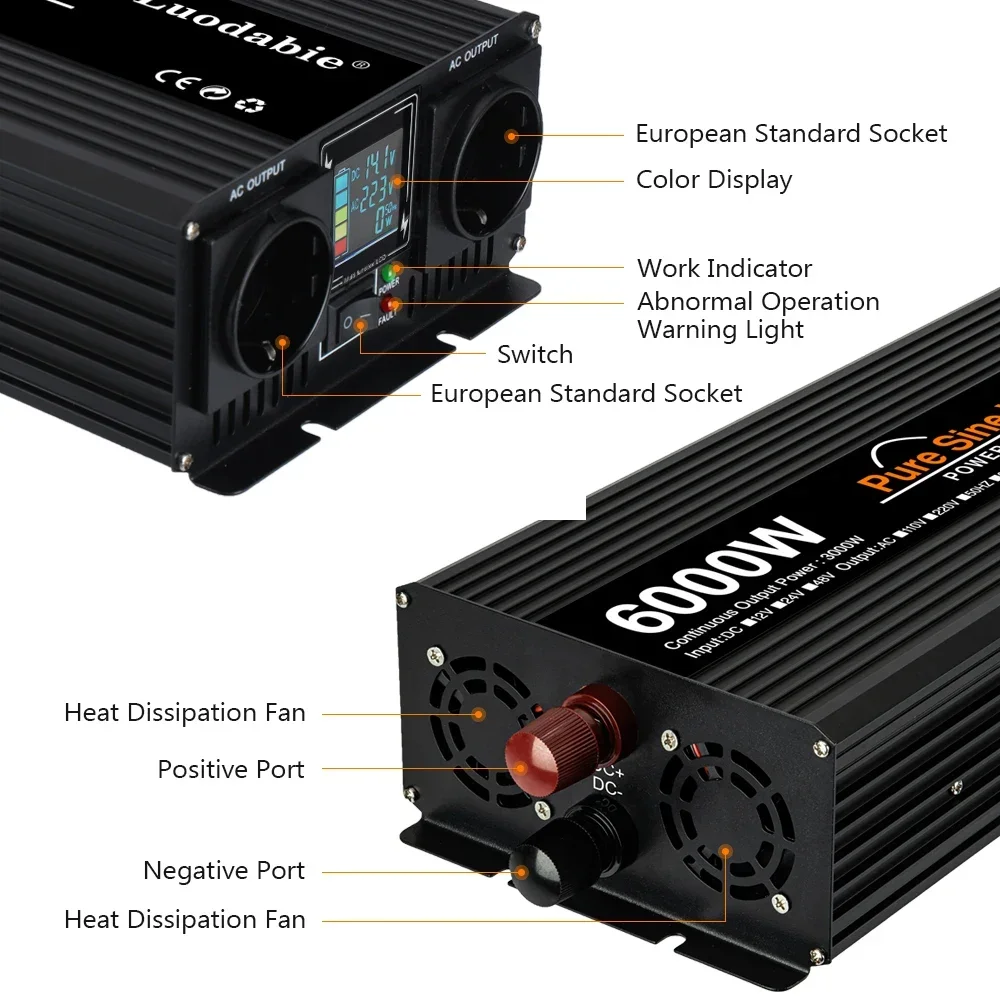 Imagem -03 - Rddspon-inversores de Onda Senoidal Pura Conversor de Tensão Inversor Solar Tomada Dupla ue dc 12v 24v 48v a 220v ac 4000w 5000w 6000w