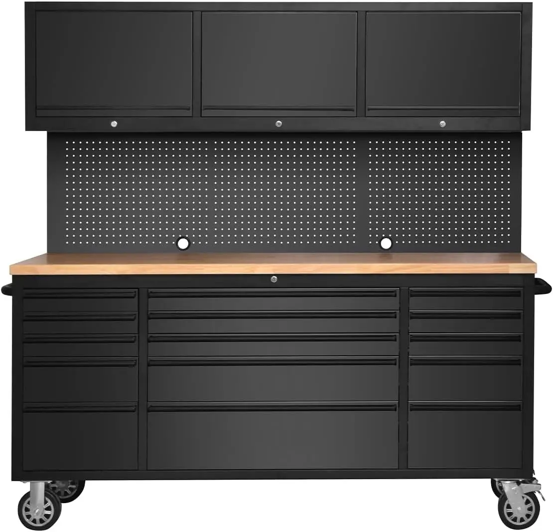Tacleekii 72-inch Rolling Tool Chest Cabinet Garage Workbench with 15 Storage Drawers and Wheels 3 Upper Cabinet Pegboard Steel Large Tool Box for Garage Workshop, Matte Black