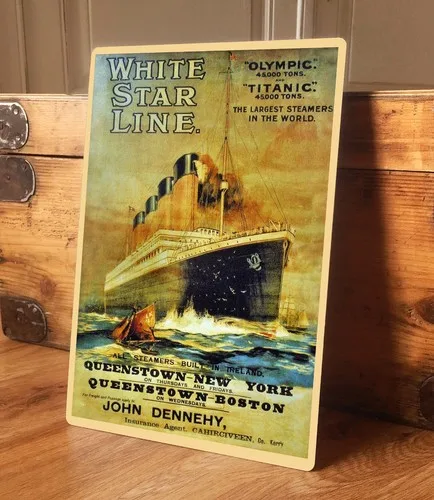 Домашняя-настенная-металлическая-вывеска-винтажный-постер-титаник-белая-звезда-линия-1912-года-2-размера