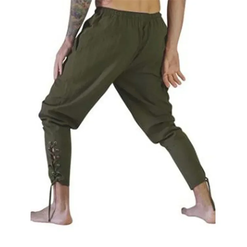 Adult Man Medieval Viking Pirate Cosplay Costume Lace-Up Bandage Pants Larp Capris Trousers Vintage Woven Cotton Joggers For$0$k