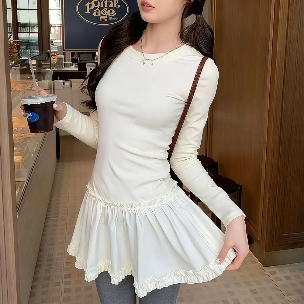 

Женская футболка с длинным рукавом в корейском стиле, женская весенне-осенняя новая облегающая длинная футболка макси, женская однотонная футболка с рюшами по краям