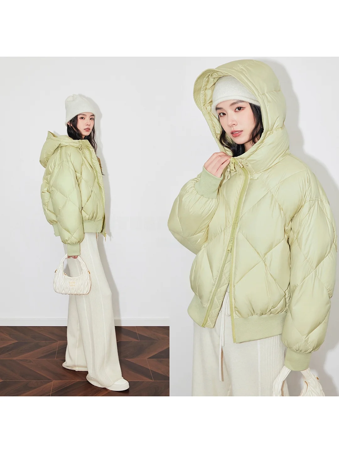 

SUK Original Mask Matching Casual ort Diamond Patterned Hooded Design down Jaet Korean Sle Commute Faion Warmth