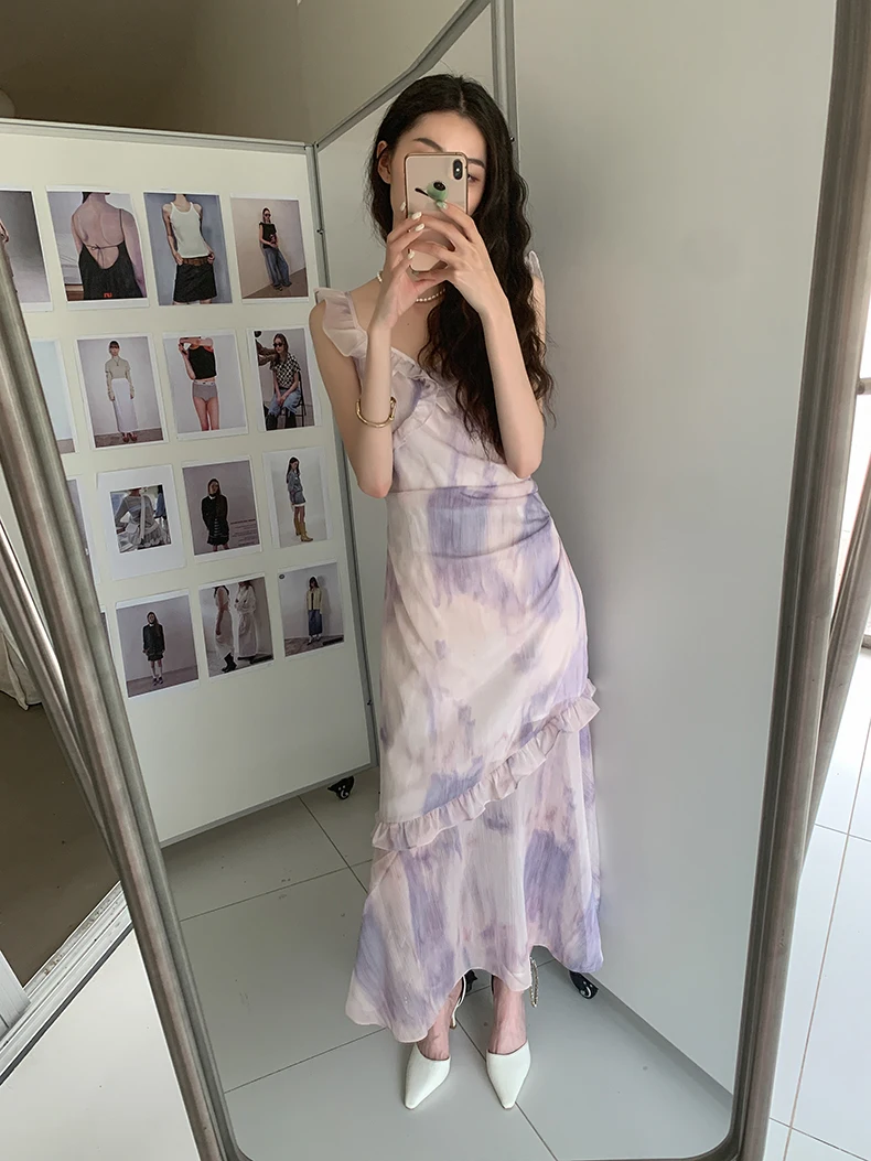 CHEERART Tie Dye Purple Ruffles Long Dress For Women 2023 Summer V Neck A Line Sleeveless Midi Dress Korean Fashion