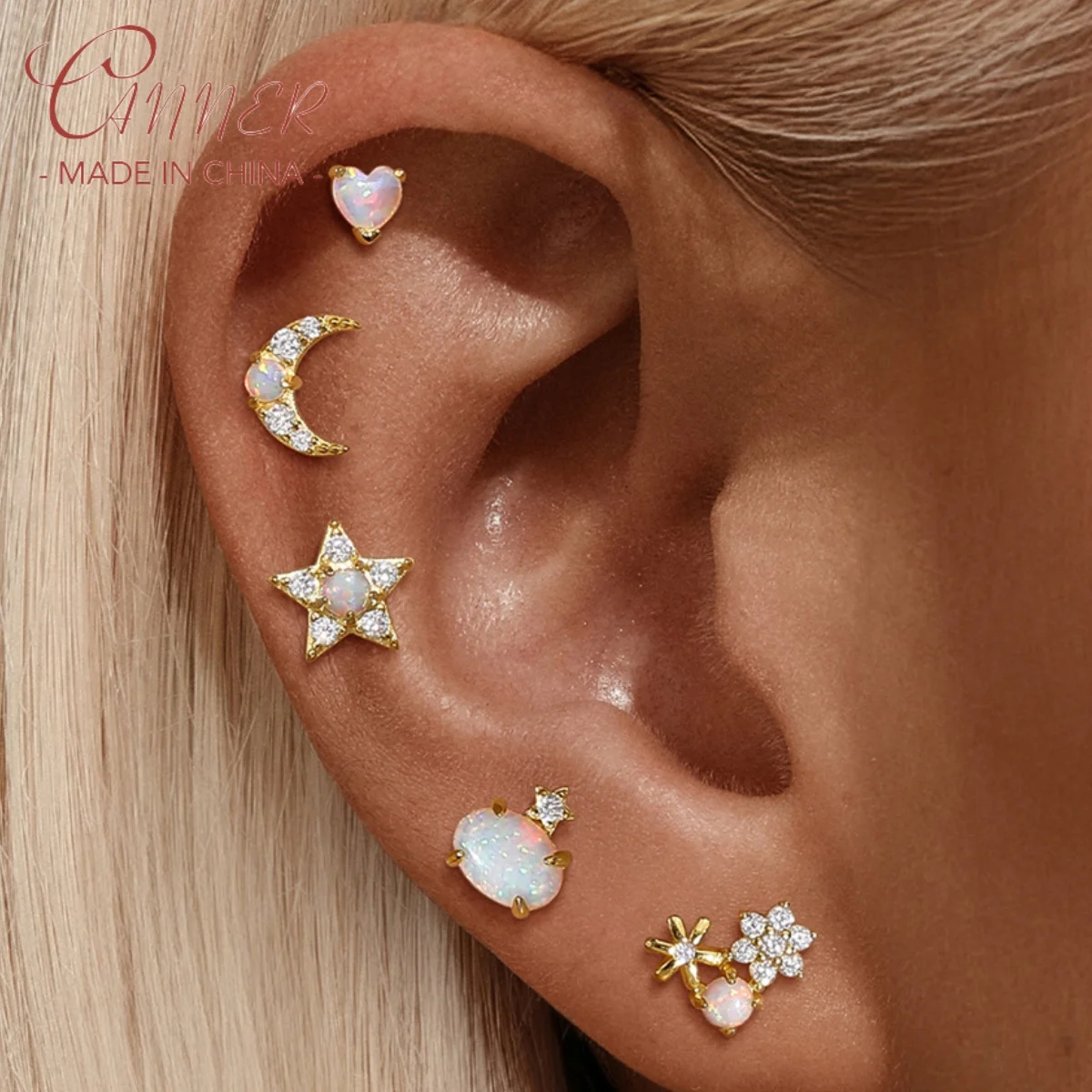 Konserve 1 adet 925 gümüş zarif kalp şeklinde çiçek Opal saplama küpe kadınlar için 18K altın beş köşeli yıldız küpe güzel takı