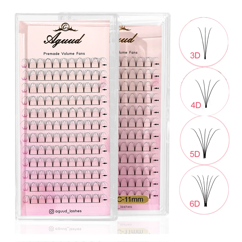 AGUUD Premade Volume Fans Lashes Short/Long Stem 3D/4D/5D/6D Russian Eyelash Extension Fans Premium Faux Mink Lash Tray Cilio
