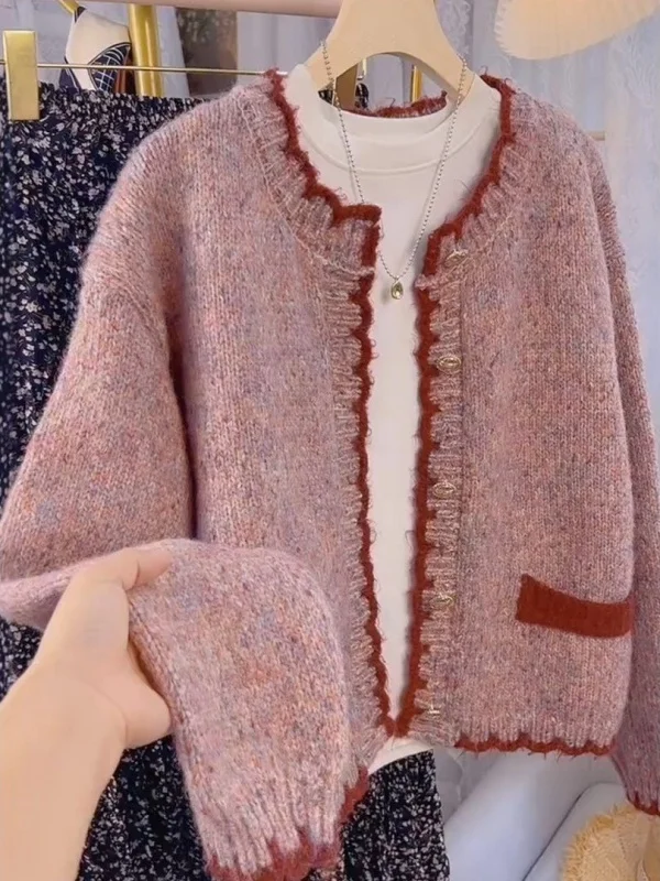 

Кардиган большого размера на осень-зиму, повседневный свободный вязаный свитер, модная верхняя одежда с цветовыми блоками, премиум-класс