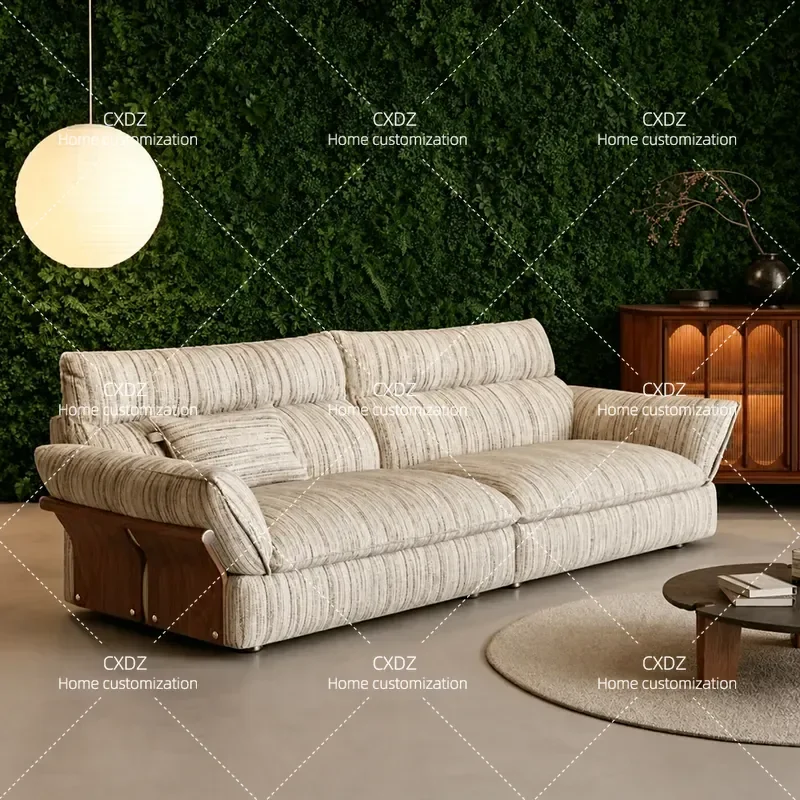 Medieval style solid wood cotton and linen high backrest straight sofa home living room villa retro striped fabric