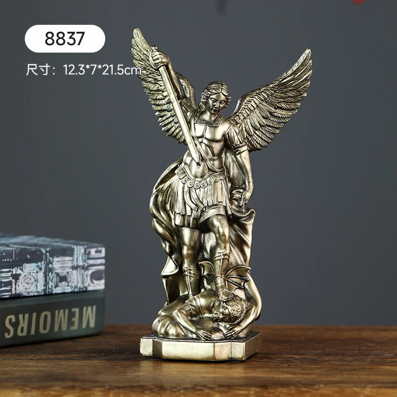 San Miguel Archangel Statue Retro Bronzed Resin Angel Figurine Christian Catholic Desktop Ornament For Home, Office, Table Gift