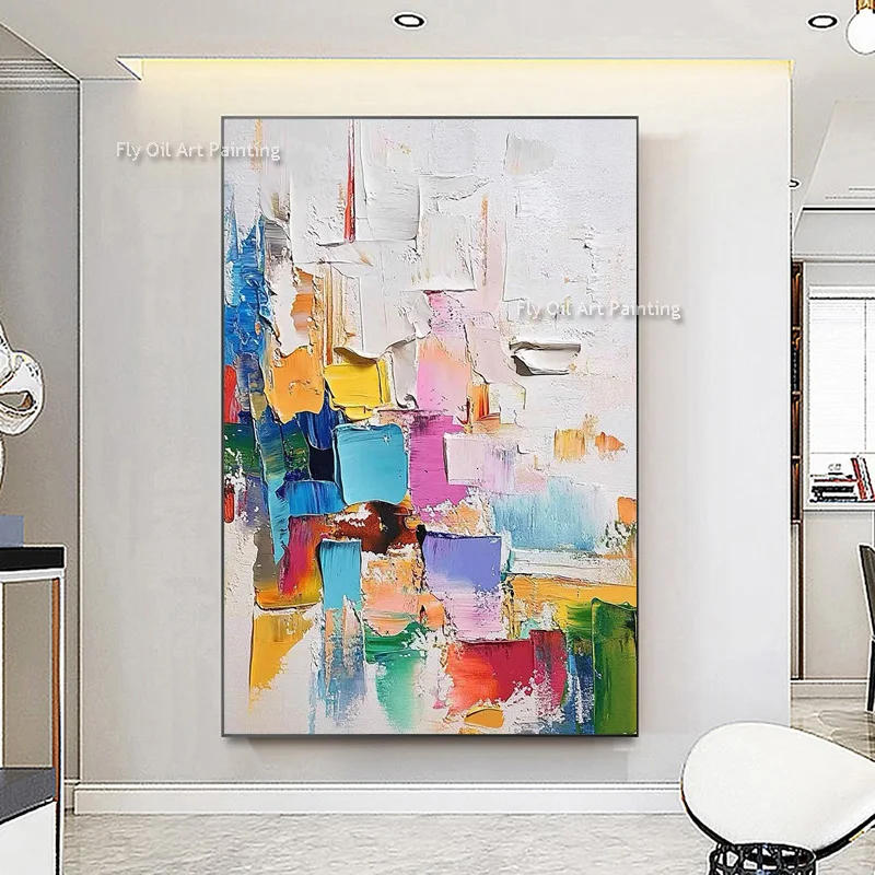 Abstract Blue White Wall Art Handpainted Large Beige Yellow Pink Blue Canvas Thick Oil Painting New Design Artwork For Decor