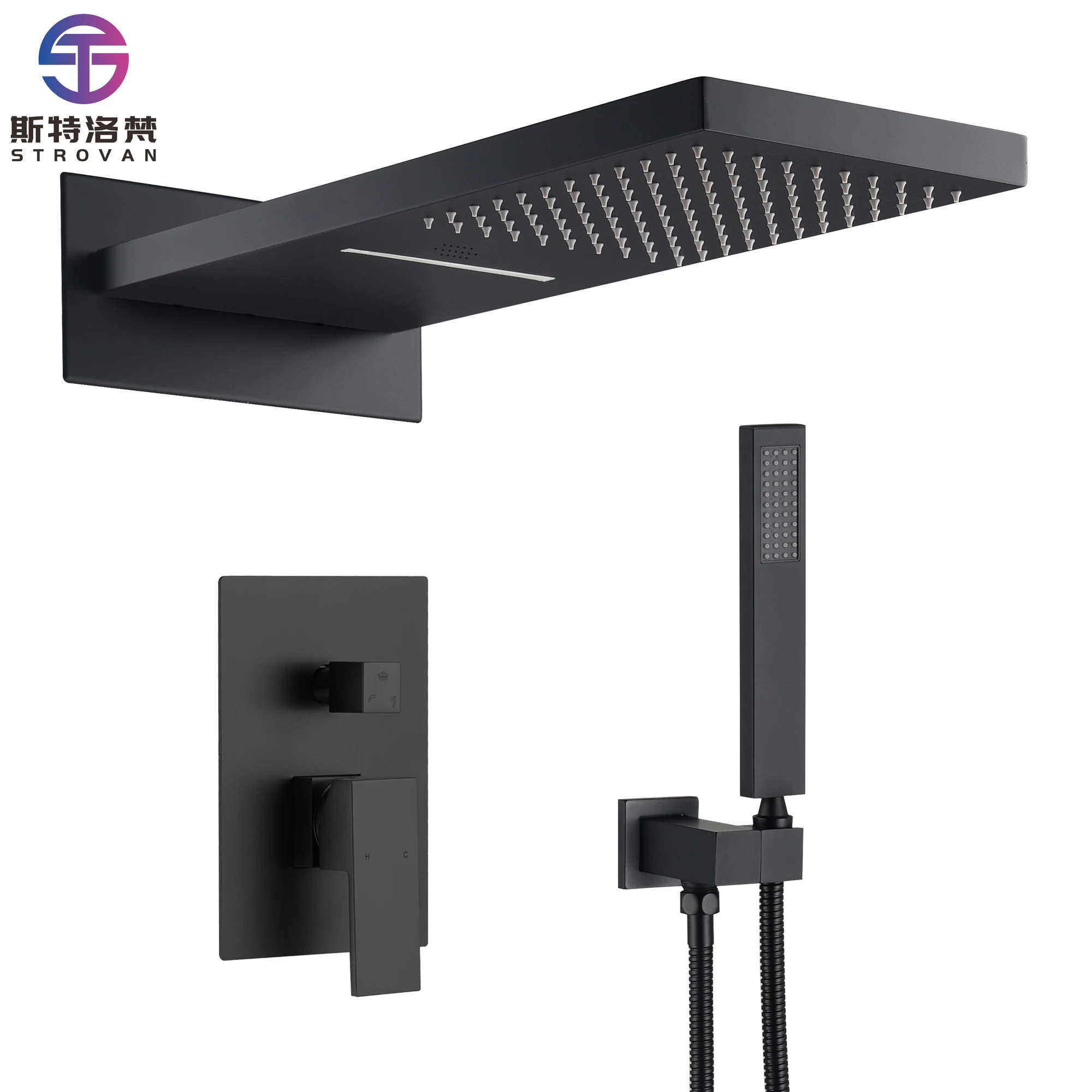 

Bathroom Rainfall Waterfall Shower Faucet Luxurious Shower Set 2 Functions Balance Valve Black Shower Faucet With LED and Music