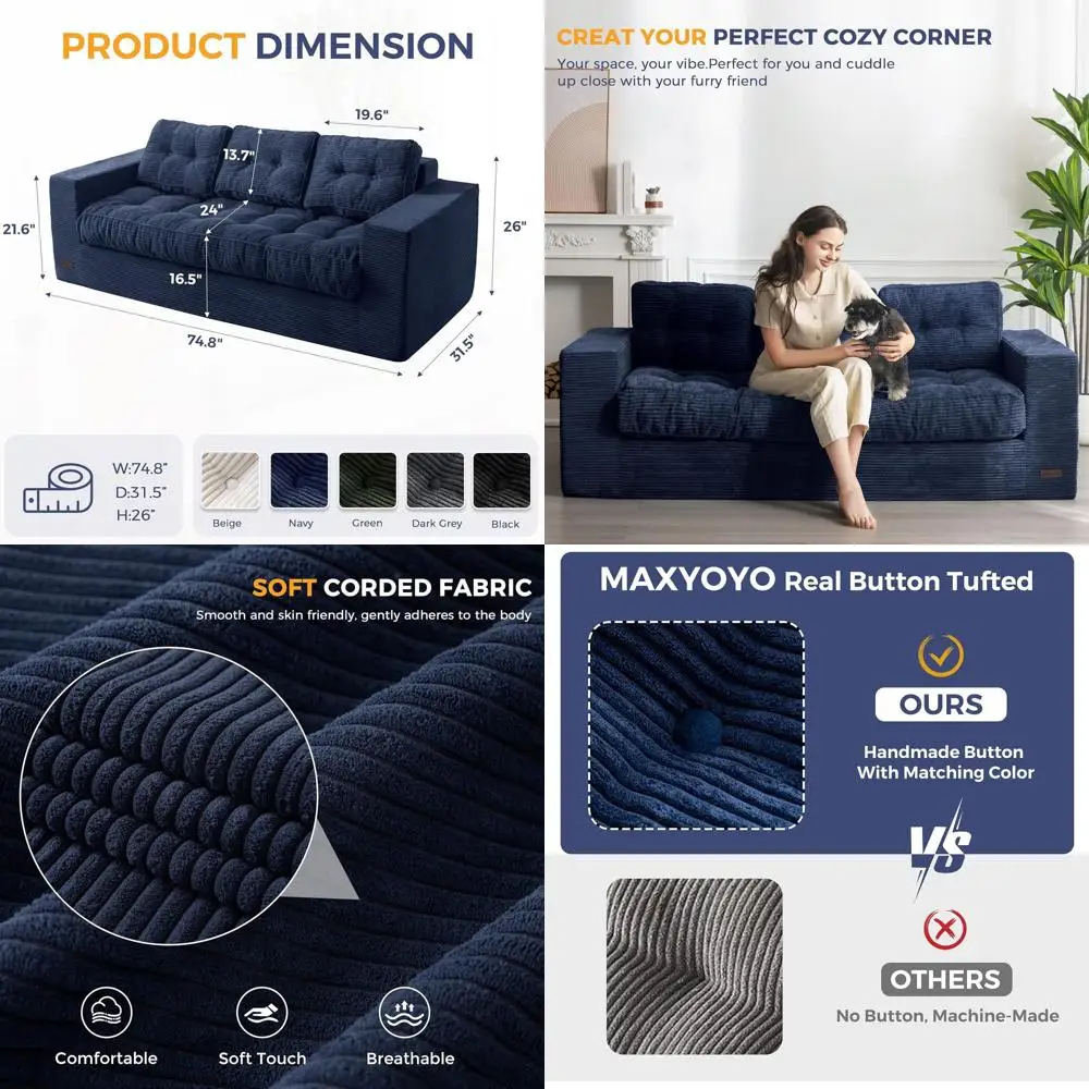 

Трехместный диван для гостиной с подушками и спинкой с вышивкой, мягкий напольный диван, темно-синий