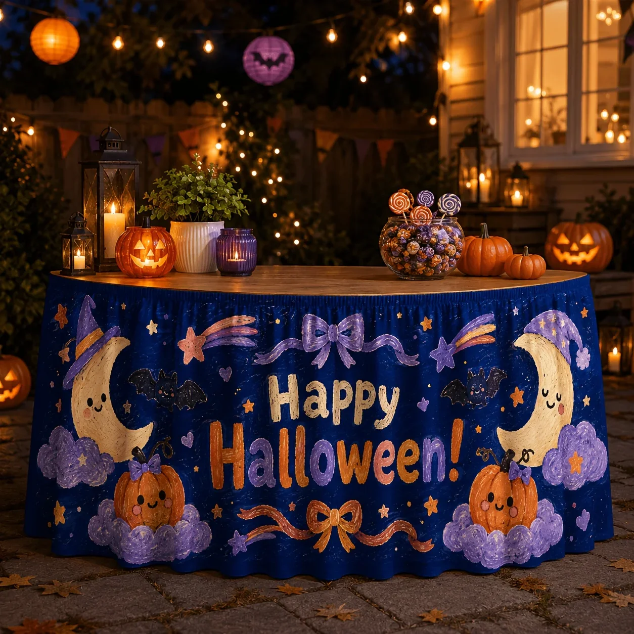 1 piece of tablecloth or table skirt, Happy Halloween table skirt, textured crayon drawing, smiling pumpkin, witch hatxzj