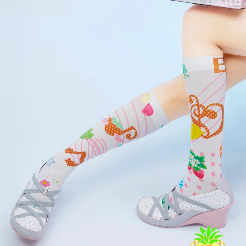 Japanese Original Design Cute Music Note Print White Women's Stockings Autumn New Sweet Cute Versatile Mid-Calf Socks Ladies
