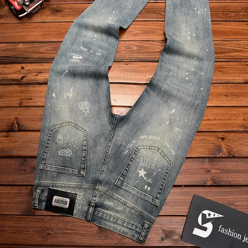 2025 nova moda impressa jeans masculino fino ajuste magro estiramento acessível moda de luxo verão calças compridas finas