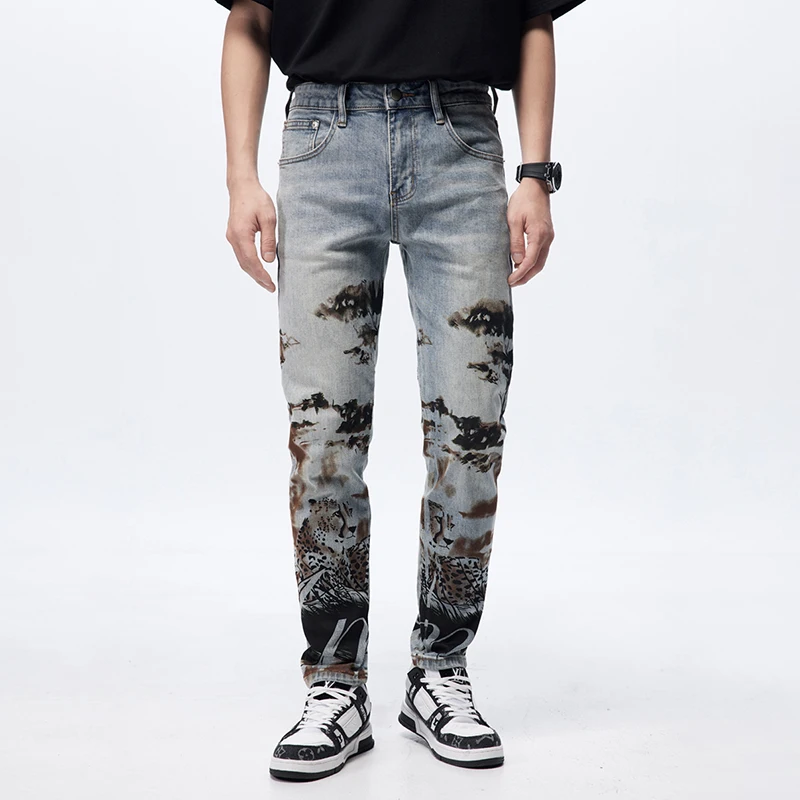 European and American Spring and Autumn New Jeans Men's Printed Fashion Versatile Slim Fit Small Leg Pants Skinny Jeans Men