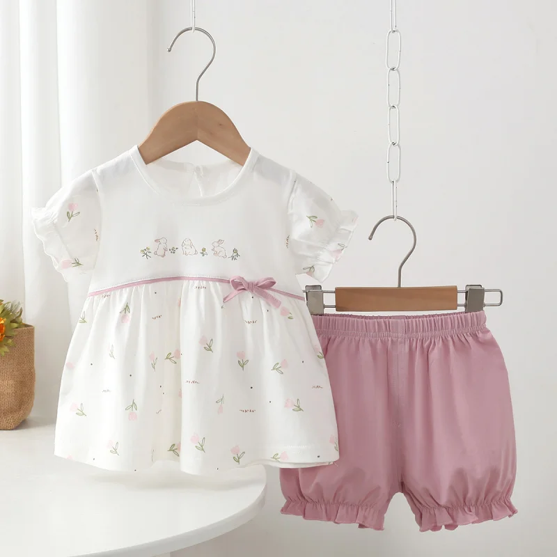 

2026New Summer Outfit: Dingdang Bean Girls' Baby Bow Princess Dress Set with Detachable Crotch Pants for Girls to Wear Out