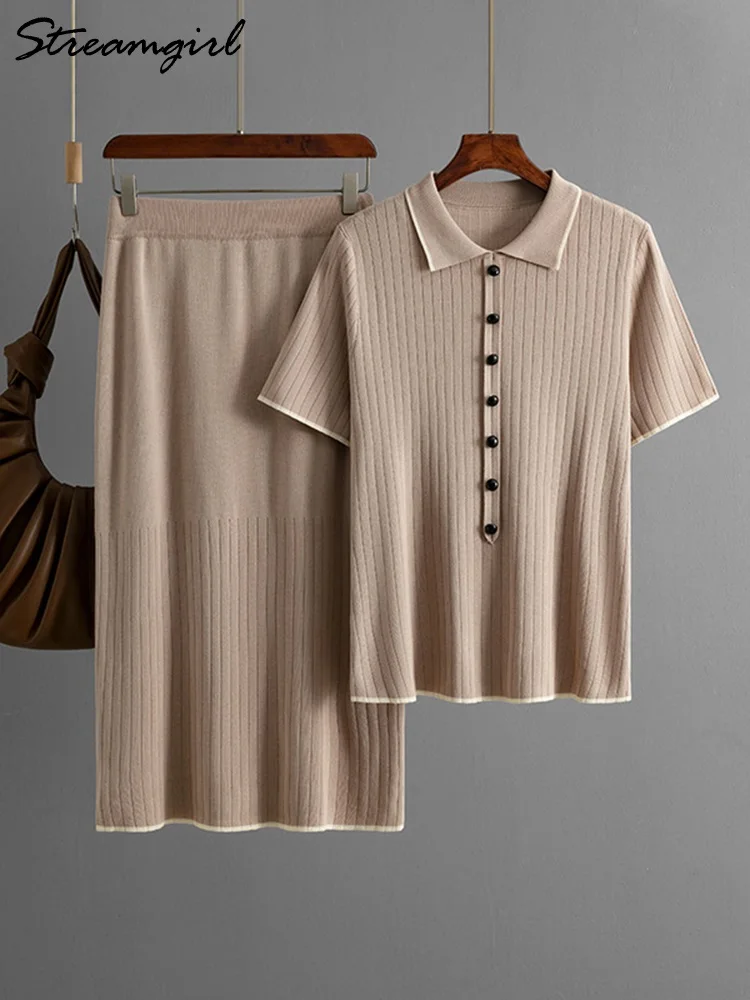 

Summer Women Suit With Skirt Sets 2 Piece Outfit Knitted Straight Skirts Short Sleeve T Shirts Black 2 Pieces Skirts For Women
