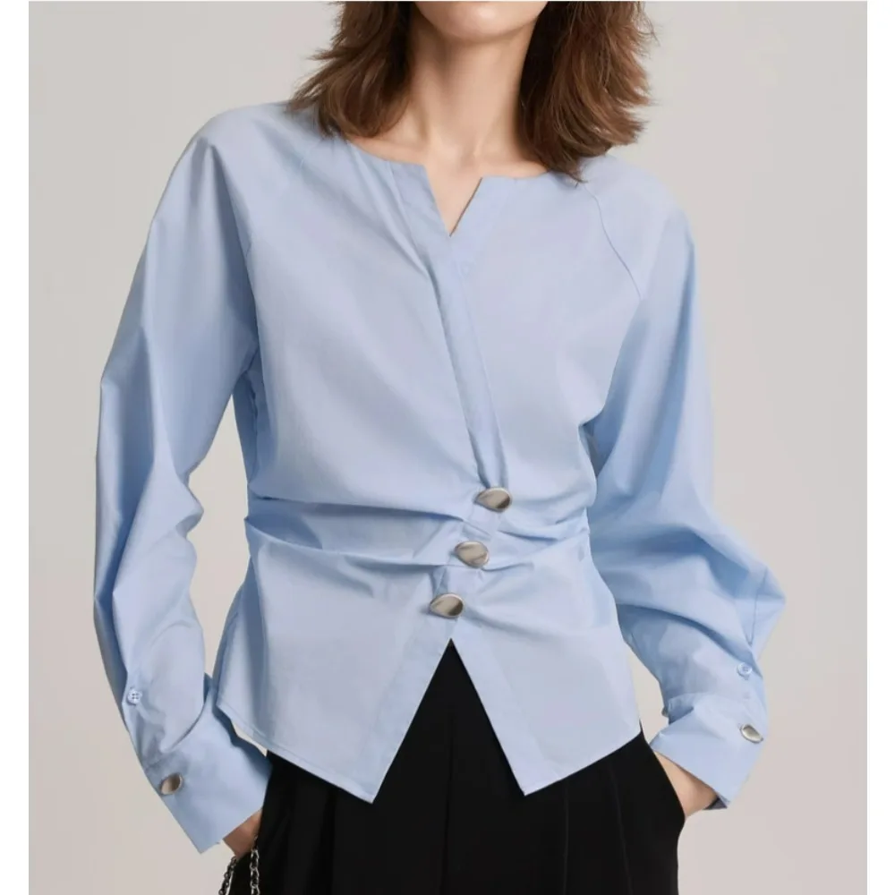 

Blue design split V-neck long-sleeved shirt women's 2024 spring clothes new chic and beautiful