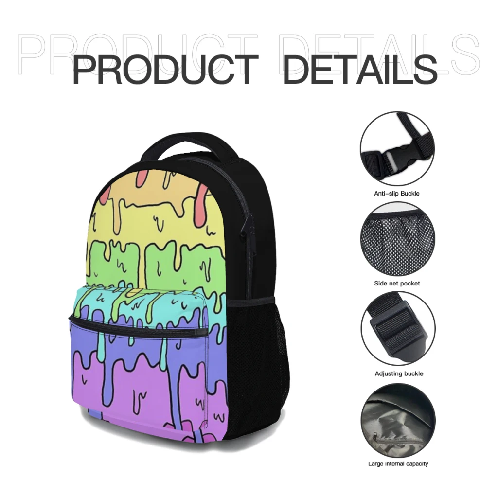 Pastel Kawaii Rainbow Design Mochila Escolar para Meninas, Mochila Estudantil de Grande Capacidade, 17 ", Fusão