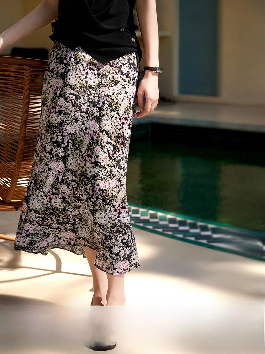 

Шелковая юбка миди XiaoHanGe с цветочным принтом, высокая талия, А-силуэт, шелковистый стиль для офиса, женская мода, весенняя новинка