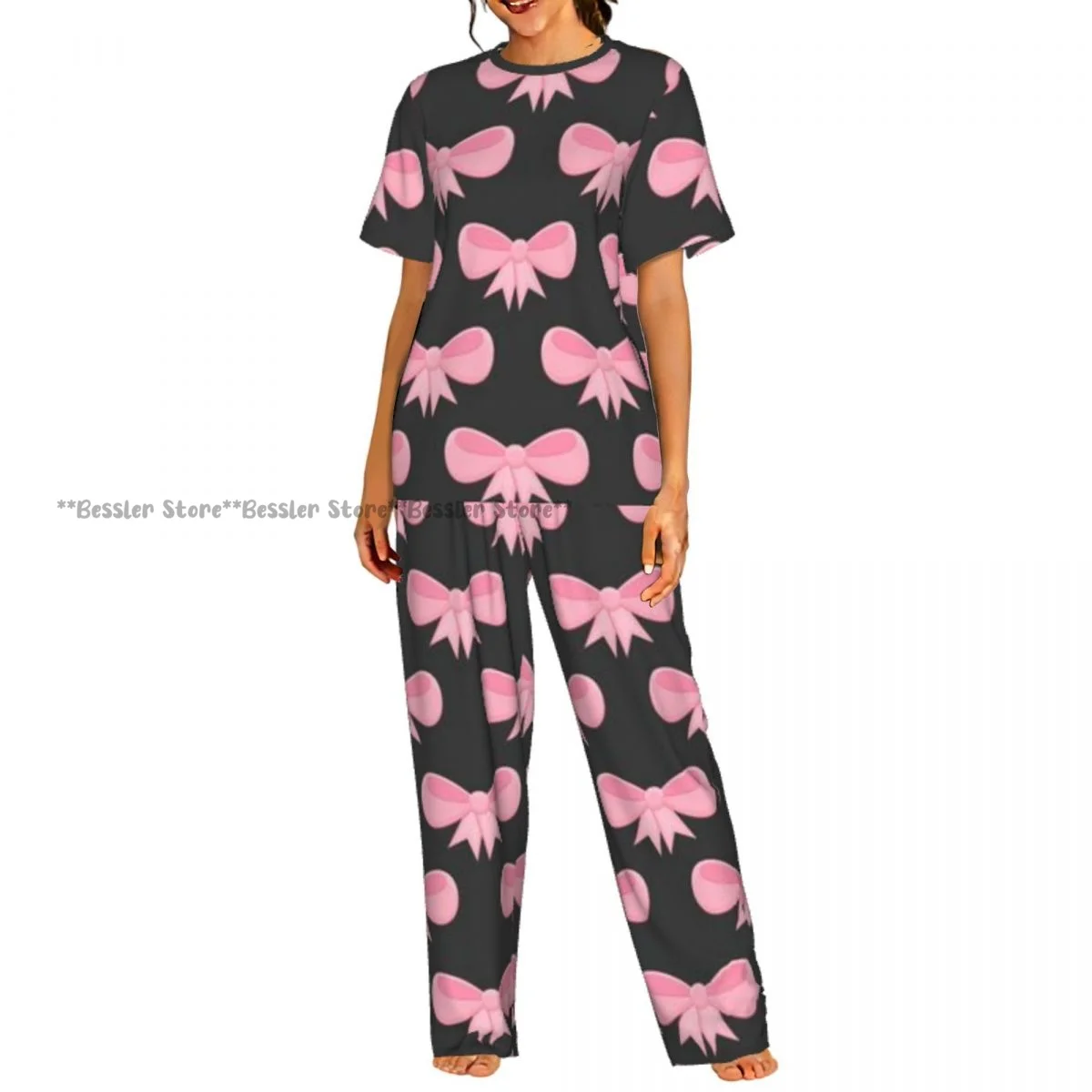 

Women's 2-piece set Pink Bows Ribbons Pajamas Short sleeved Top and Pants Sleepwear