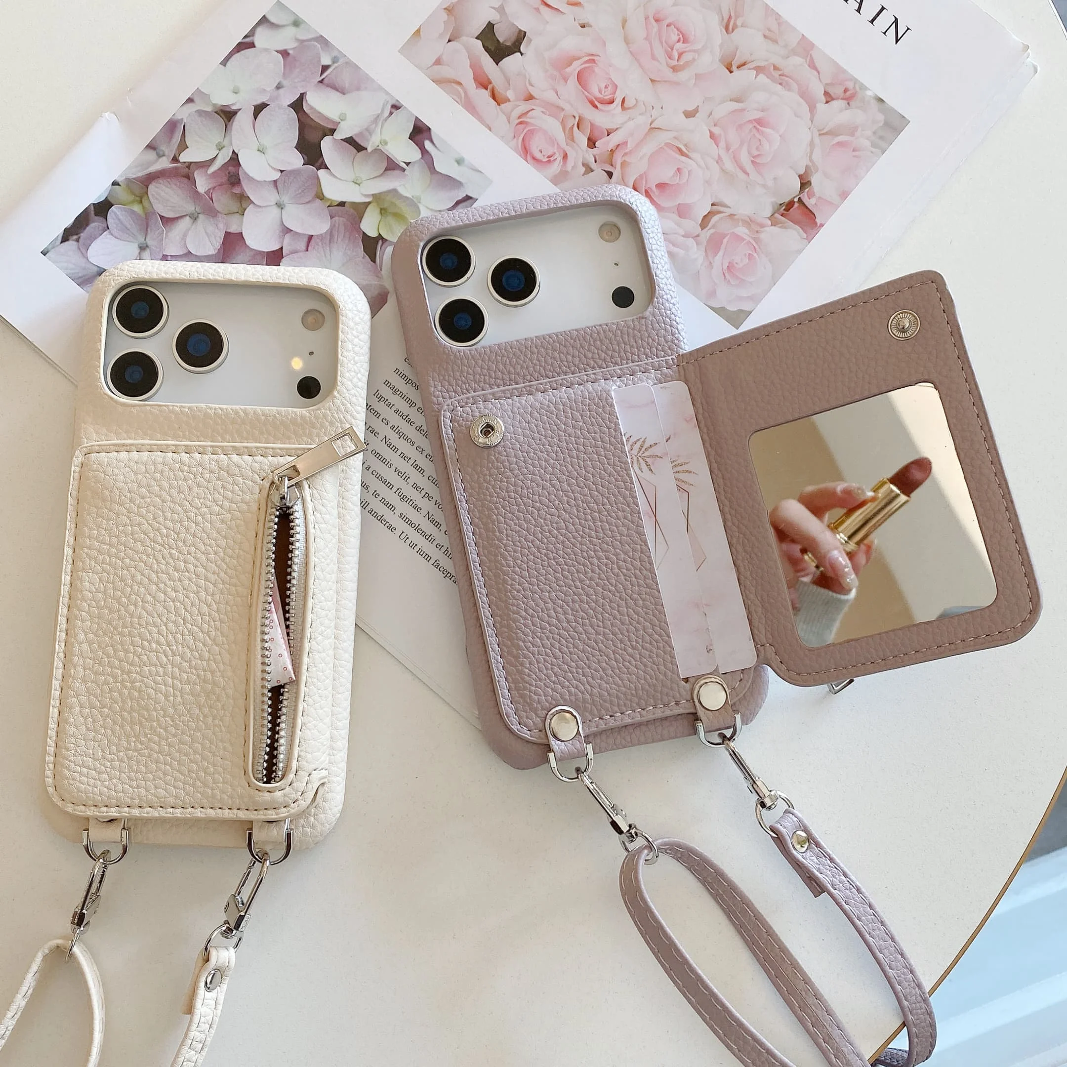 

Zipper Mirror Wallet Card Holder Slot Crossbody Lanyard Phone Case for iPhone 17 Air 16 15 14 11 Pro Max 13 12 11 Plus Cover