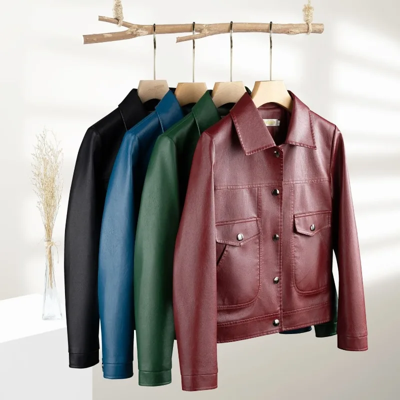 

2023 весенне-осенняя утягивающая женская эксклюзивная кожаная куртка, женская свободная и универсальная кожаная куртка, женская короткая куртка
