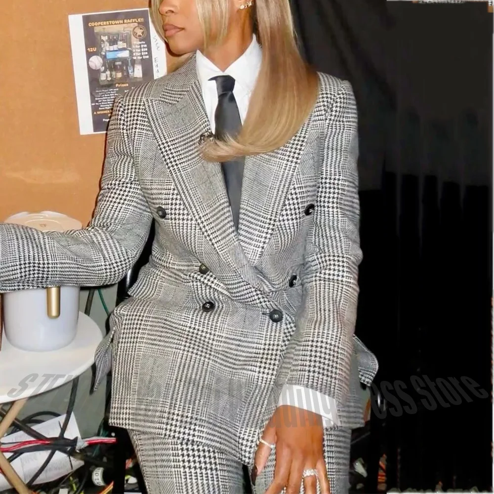 

Горячая распродажа: роскошный женский костюм-двойка, приталенный, стильный, двубортный, с острыми лацканами, в клетку, модный повседневный комплект (жакет и брюки)