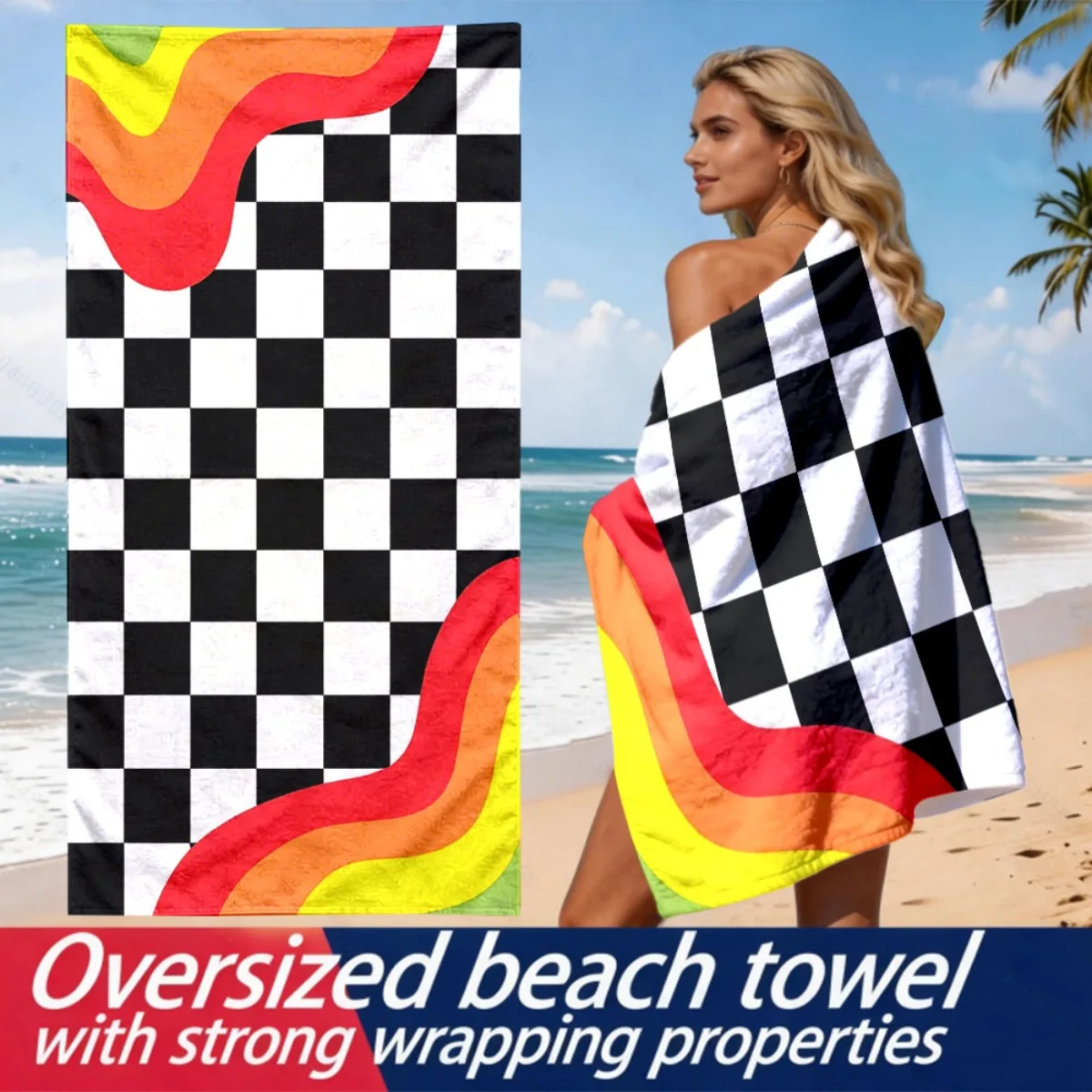 Retro psychedelic checkerboard pattern polyester microfiber beach towel is highly absorbent, suitable swimming and beach outings