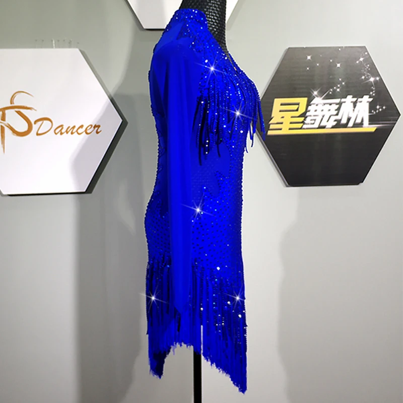 Girls Royal Blue Latin Dance Competition Dress Long Sleeves Fringe Dress Rhinestone Cha Cha Rumba Dance Clothing Women BL13423