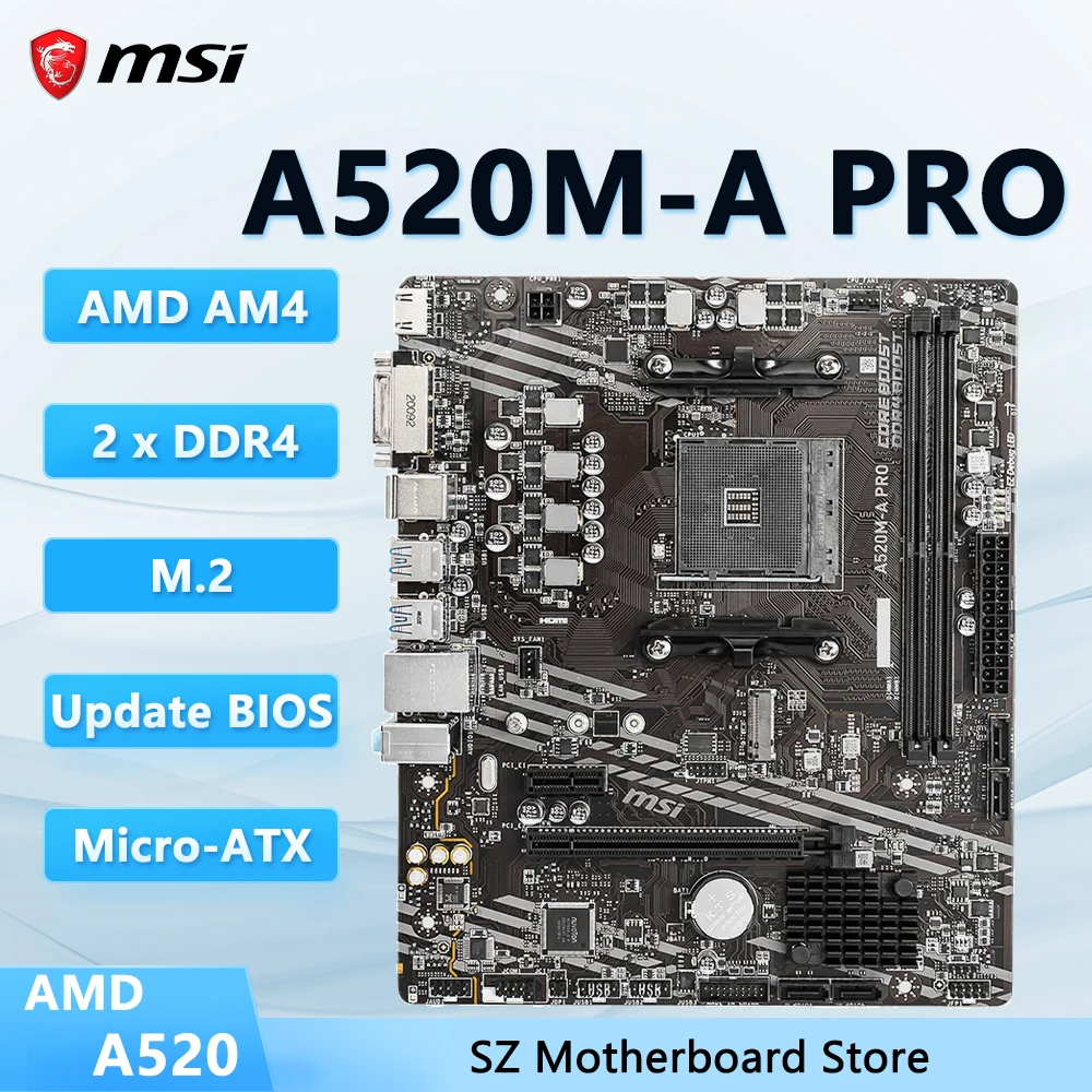 MSI brand new A520M-A PRO AM4 motherboard memoria ram ddr4 AMD A520 cpucompatible Ryzen 5 5600G/5600 7 5800X/5700G M.2 Micro-ATX