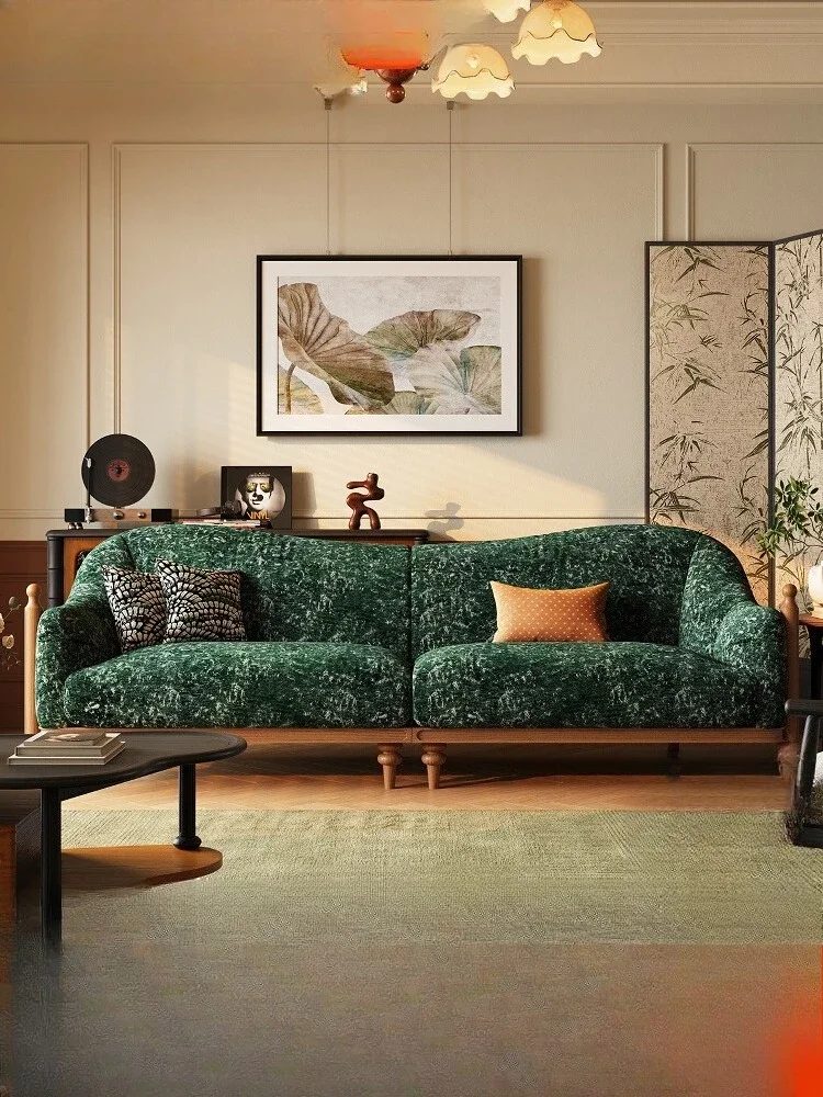 French retro solid wood sofa, living room straight row small apartment four-person green fabric sofa, medium and ancient style