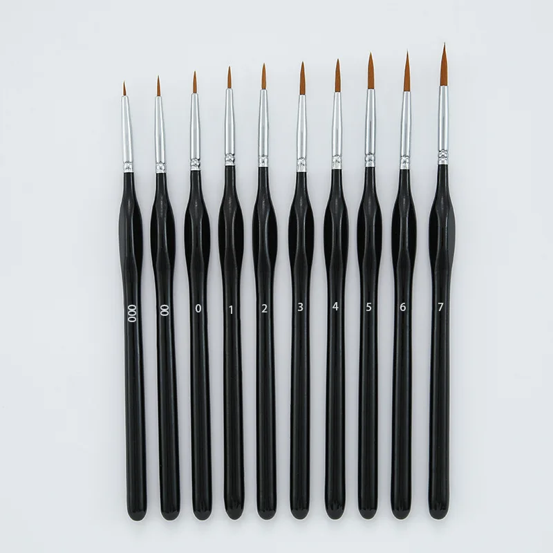 10 ピース/セット詳細ペイントブラシ黒ポール付きミニチュア水彩油絵描画ライナーペン文具学用品