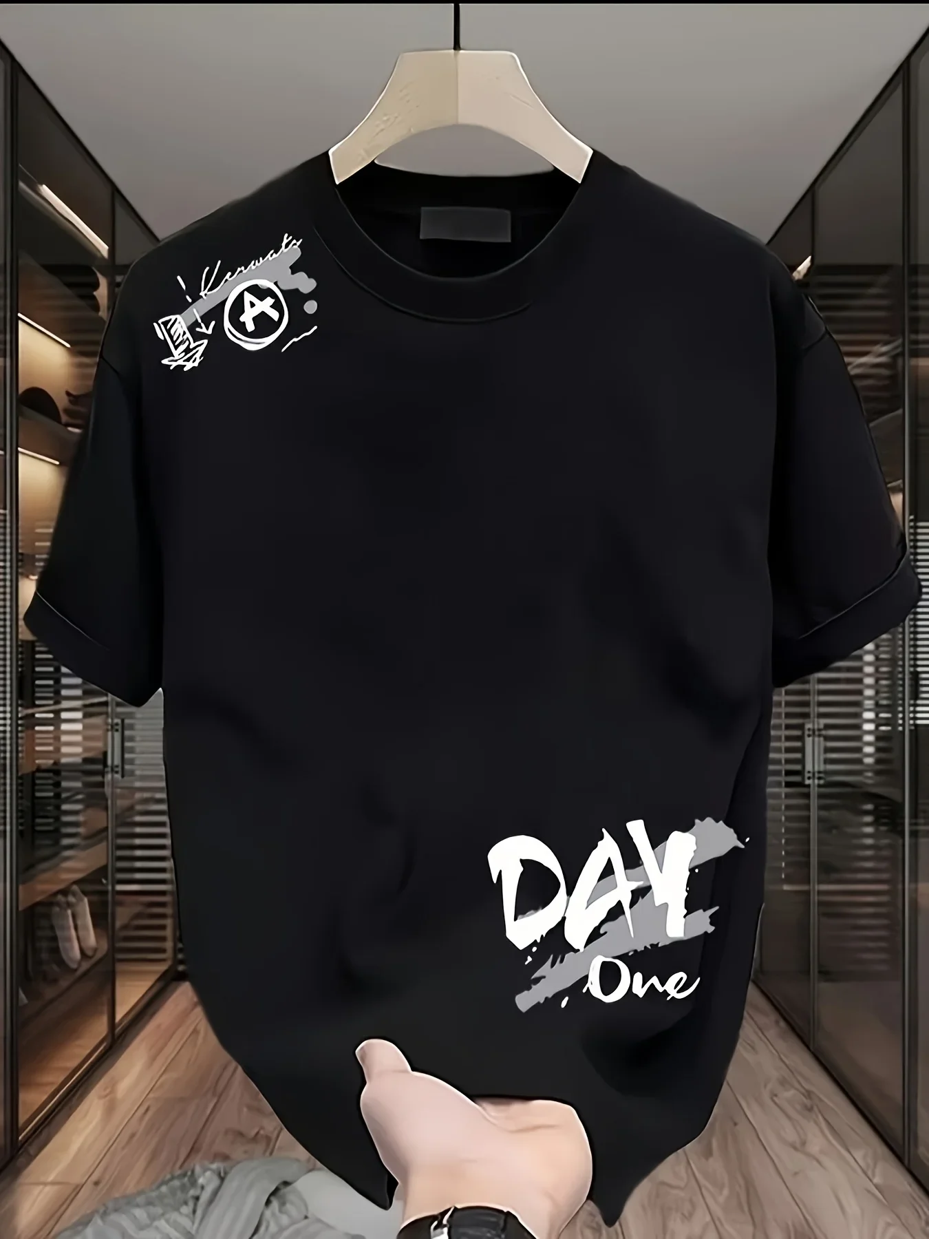Summer Male 100% Pure Cotton Crew Neck Tshirt Ink Wash Letter DAY One Graphic Print Shoulder Stamp Streetwear Short Sleeve Tees