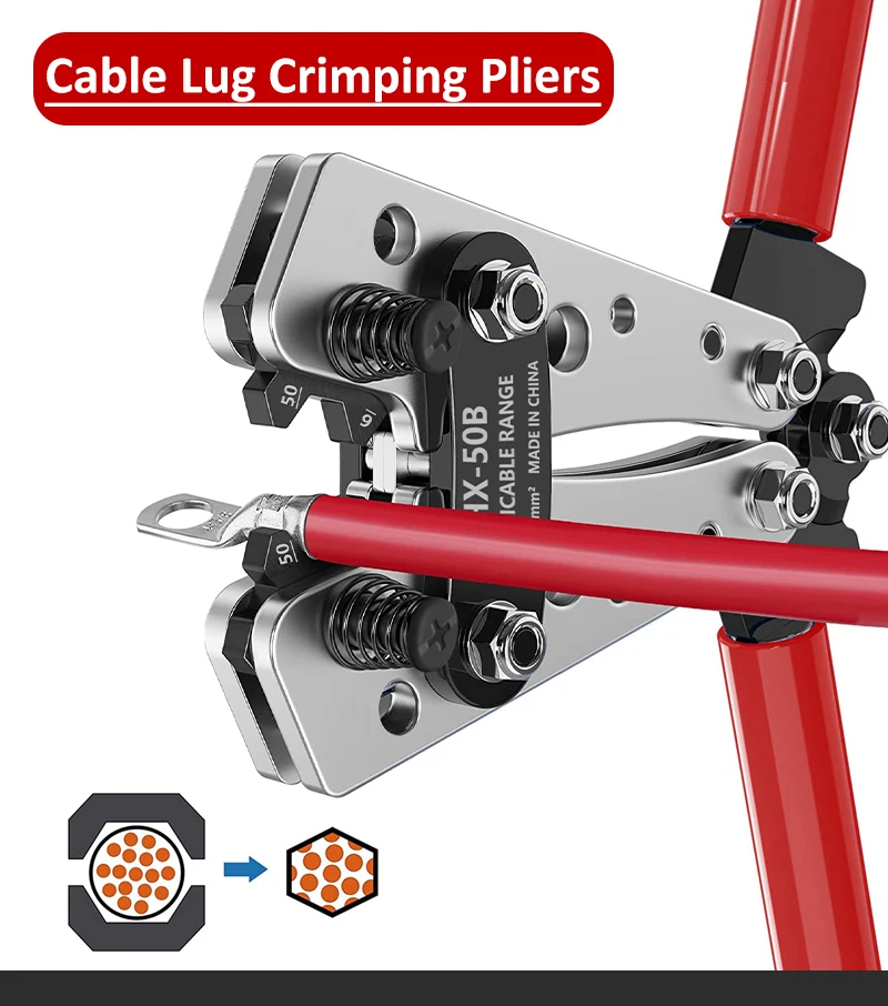 Hochleistungs-Batteriekabel-Crimpwerkzeug-Set, Bereich 8–1/0 AWG, Sortiment für Draht-Crimp-Steckverbinder, Auto, Kupfer-Ring-Anschluss – Detail 1