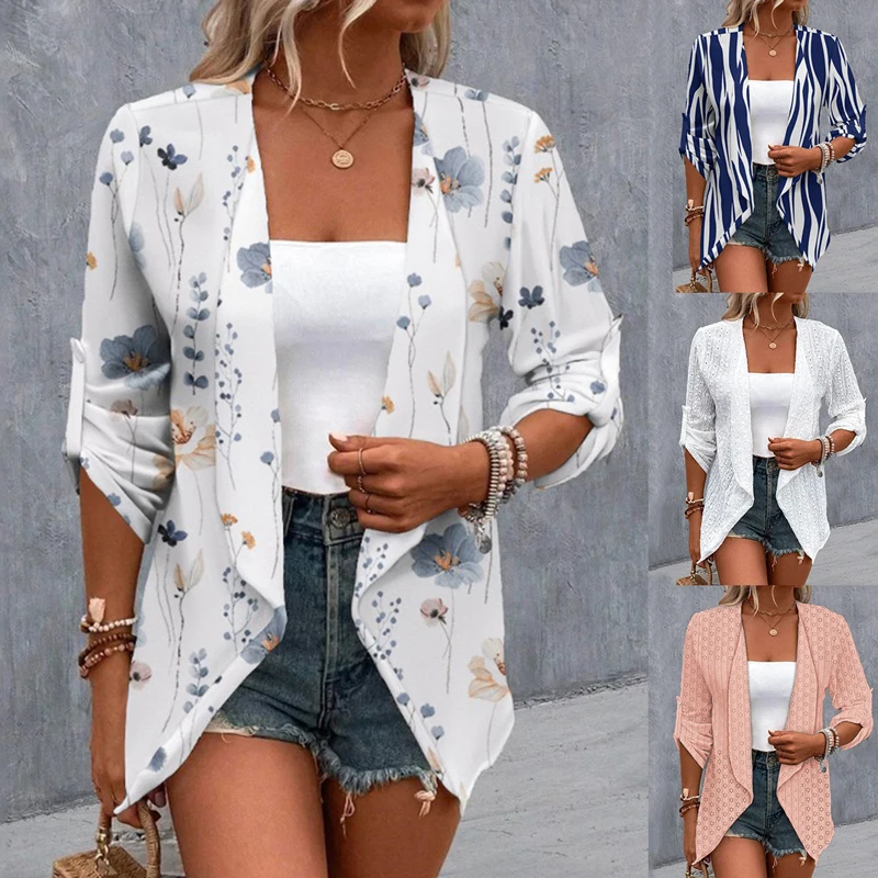 Women Elegant Fashion Print Hollow Asymmetrical Cardigan Jacket Autumn Office Lady Long Sleeve Casual Tunic Coats Ropa De Mujer