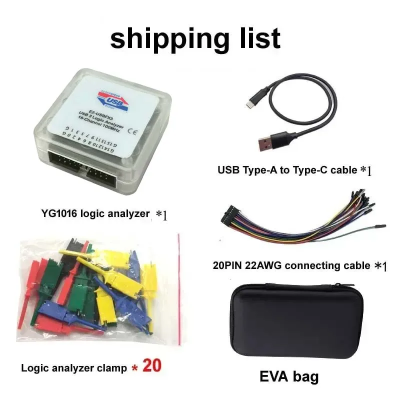 New FX3 USB3.0 Mini Type-C USB 100MHz 16 Channel Logic Analyzer Sigrok PulseView With Case And 20pcs Test Clip