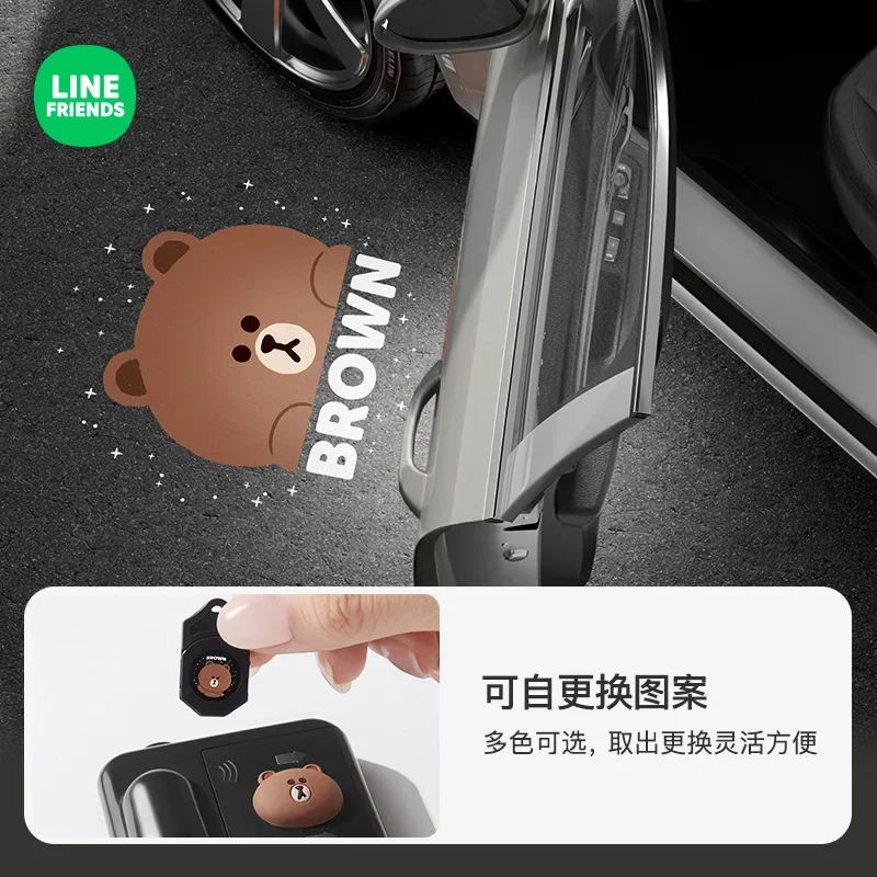 Line Friends Cartoon Brown Fun Car Door Welcome Light Anime Kawaii Automatic Induction Home Car Atmosphere Projector Light Gift