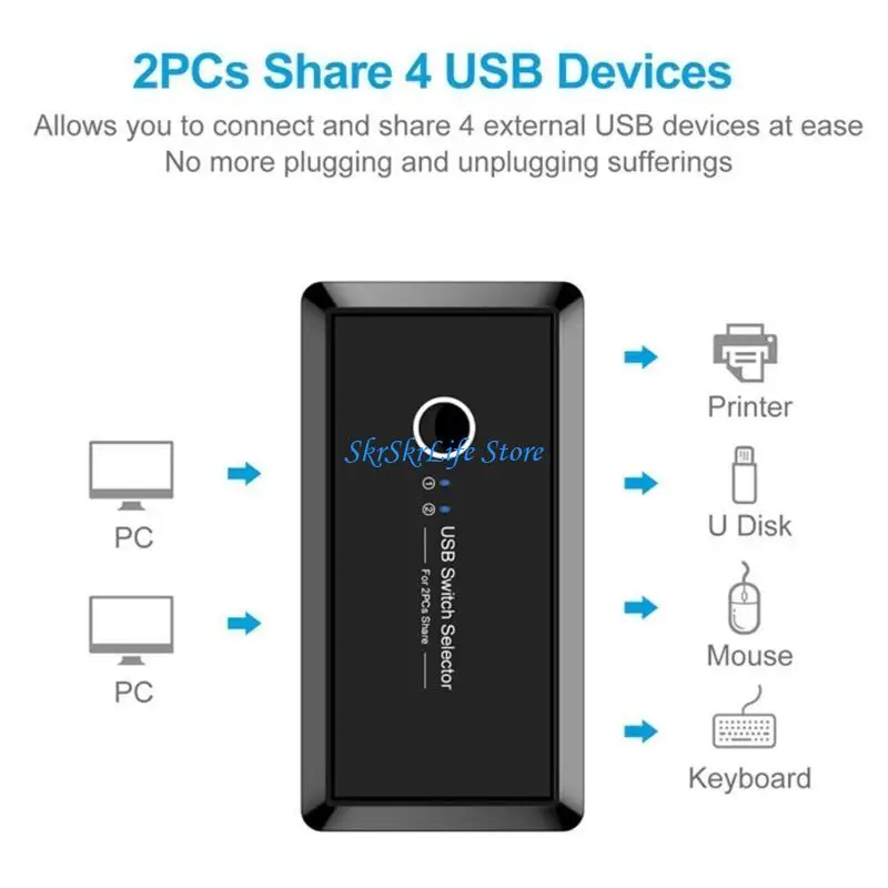 E65E USB Switcher Selector 2 Komputer Berbagi 4 Perangkat USB Switcher Hub Adaptor untuk Keyboard Mouse Printer Scanner
