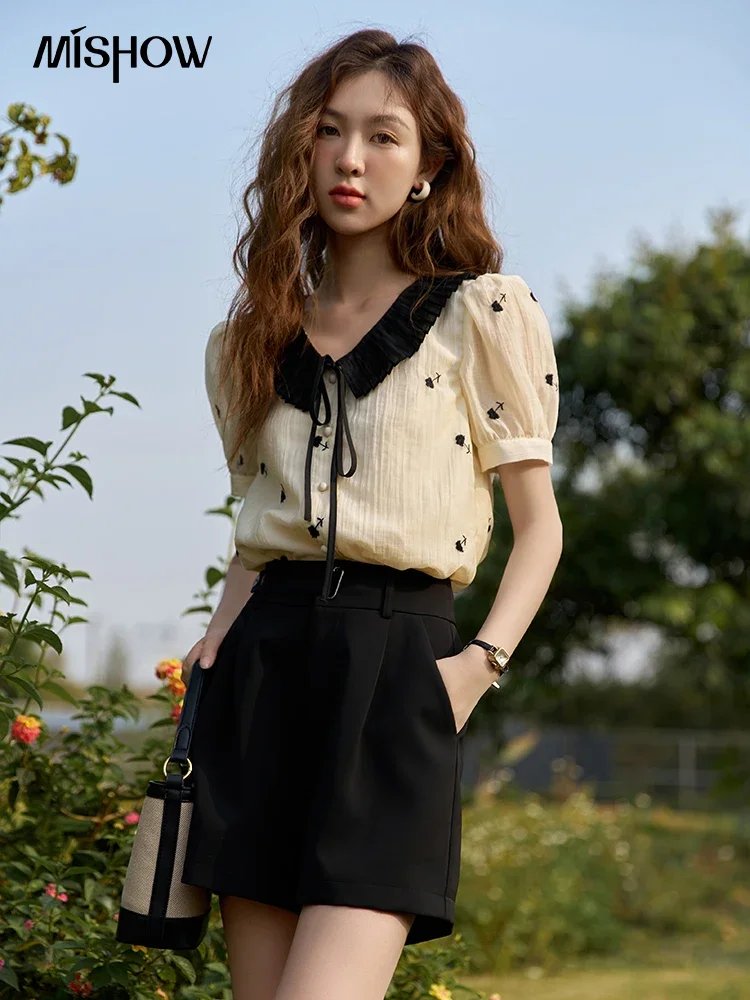 MISHOW French Chiffon Blouses Summer Korean Floral Tea Break Single Breasted Puff Sleeve Contrast Color Neck Top MXC21X0010