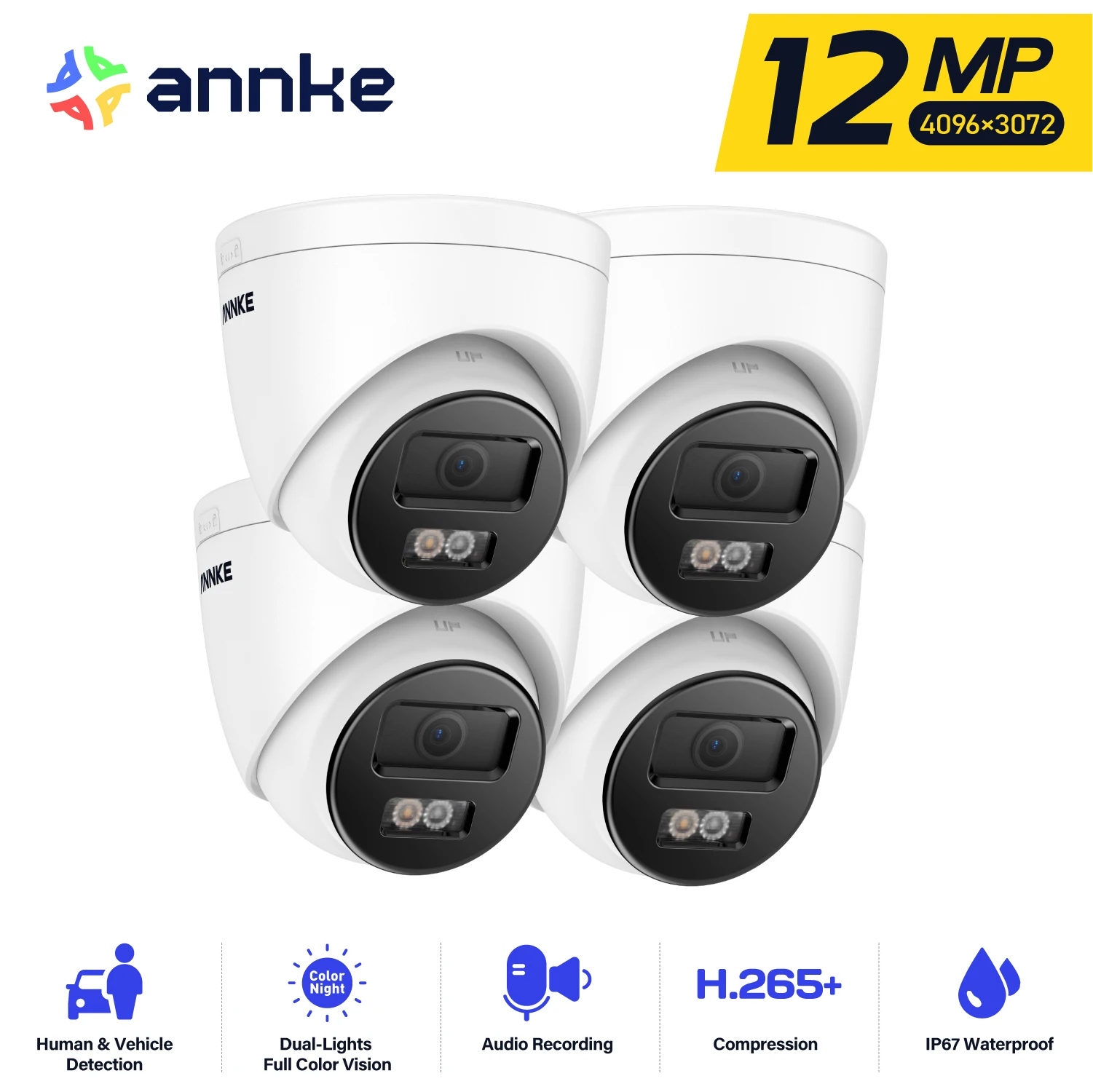 ANNKE C1200 4PCS 12MP PoE IP Security Camera Outdoor, 134° Wide Angle Surveillance Camera Smart AI,Spotlight Color Night Vision