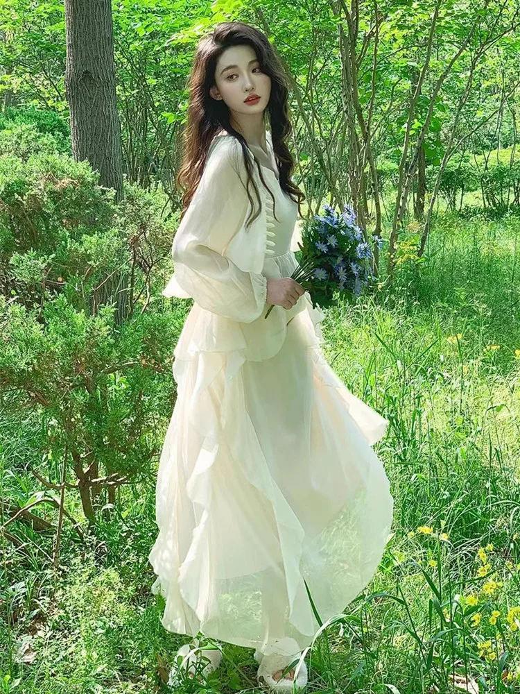 

Элегантное летнее пляжное платье для женщин, ультра-сказочное, с рукавами-колокол, без бретелек, в корейском стиле, с завышенной талией, на молнии...