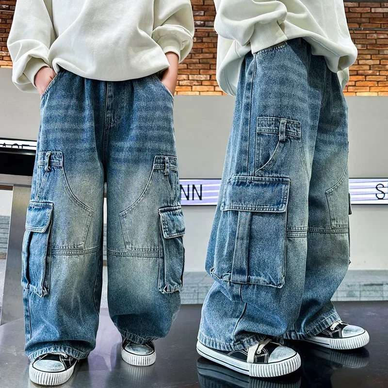 

Children Fried Street Handsome Straight Loose Wide-leg Pants Kids Cargo Denim Jeans Boys Retro Jeans Spring Autumn New Teenager