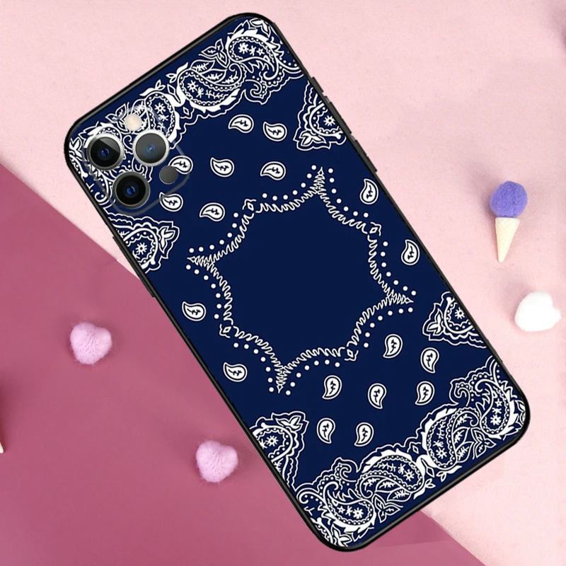 Blue Bandana Phone Case For iPhone 13 14 15 16 Pro Max Plus 11 12 Pro Max 7 8 X XS XR 12 13 Mini Cover