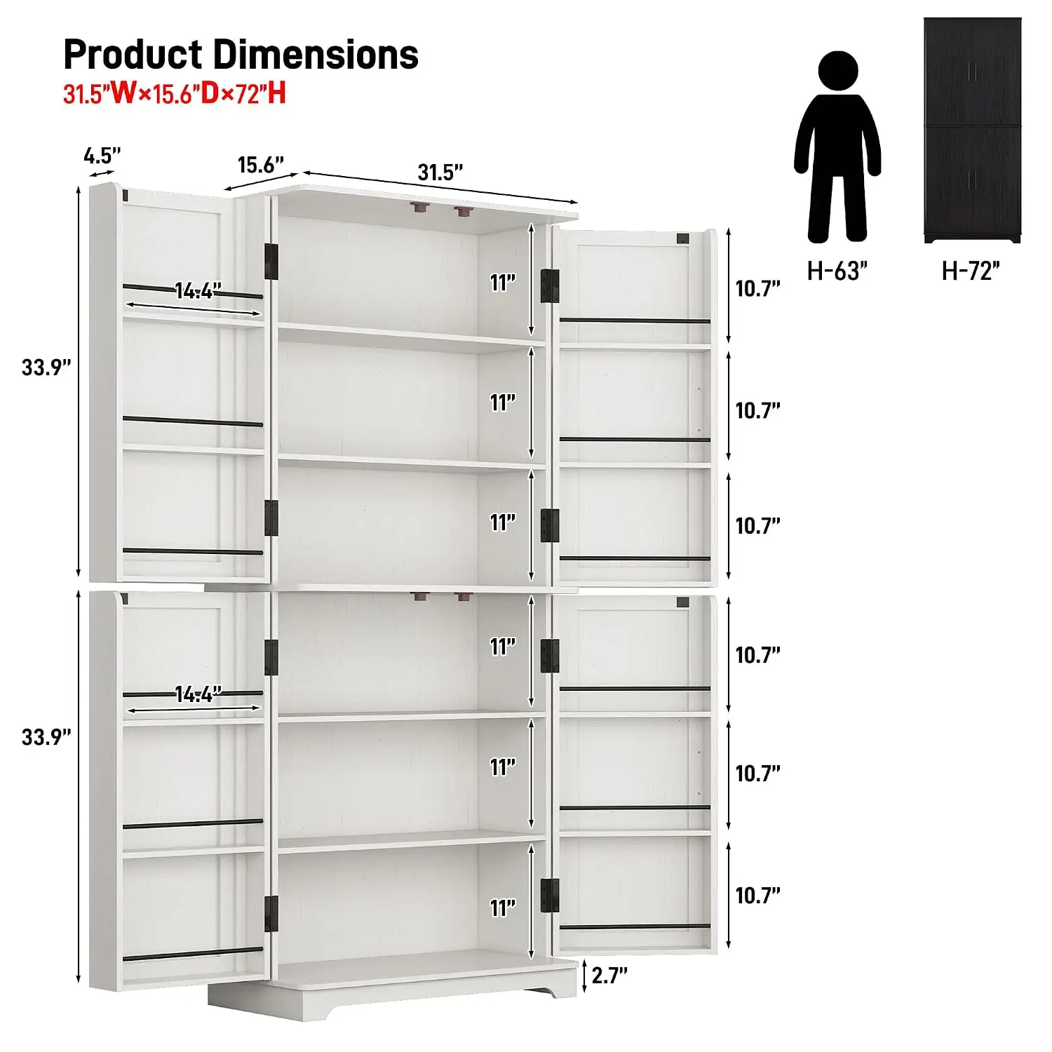 72” Tall Kitchen Storage Pantry, 31.5”W Modern Cabinet Wood Cupboard with Storage Shelves, Pantry Cabinet with 4, Customized