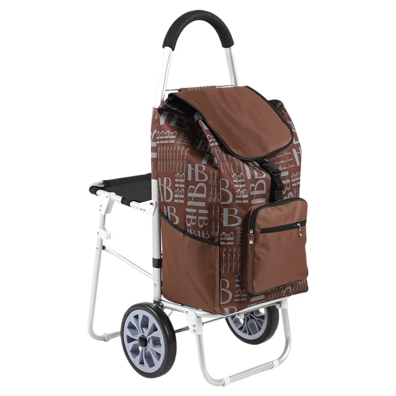 

Folding with seat elderly shopping cart can sit aluminum alloy enlarged shopping cart leisure with stool pull rod rider