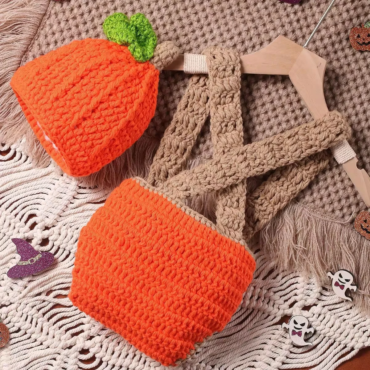 Ylsteed Hand Knitting Newborn Halloween Oufits for Photo Shooting Infant Photography Props Pumpkin Hat and Pants Set