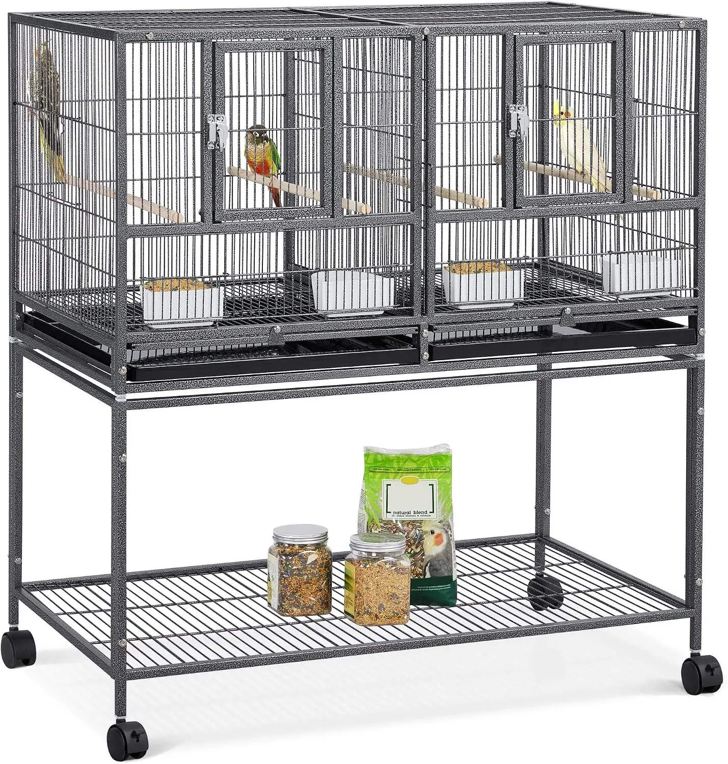 Stackable Divided Breeder Breeding Bird Cage, 41.5-Inch, for Parakeets, Canaries, Cockatiels, Lovebirds, Finches, Budgies & Small Parrots, Includes Black Rolling Stand