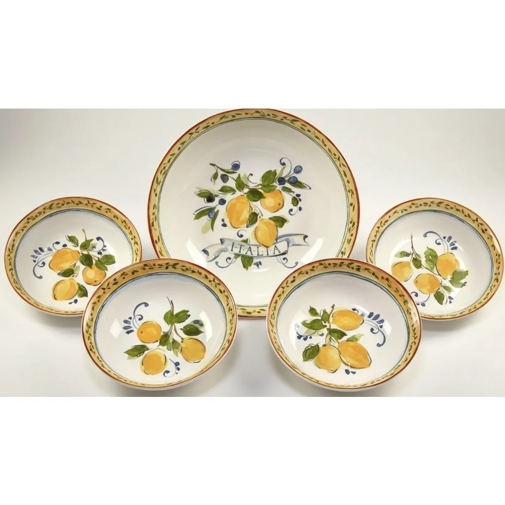 

5-Piece Yellow Pasta Set, Stoneware Bowls for Family Dining, Lemon Decor Kitchenware